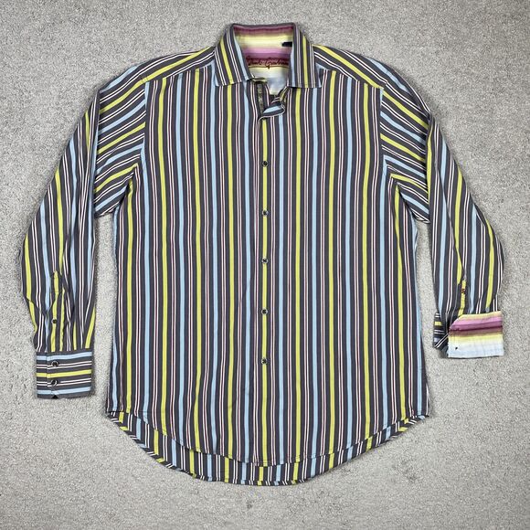 Robert Graham Shirt Mens Medium Button Up Rainbow Stripes Flip Cuffs Colorful - Picture 1 of 14